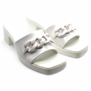 Inc Womens White Chain Accent Padded Rozie Square Toe Block Heel Slip on Sandals